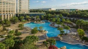aerial view of pool area of Hyatt Regency Orlando during day in Orlando, Florida, USA